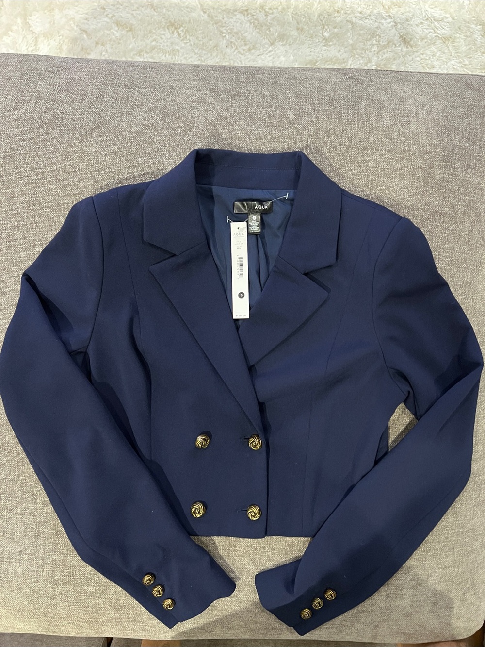 Aqua Navy Cropped Double-Breasted Blazer with Gold Buttons